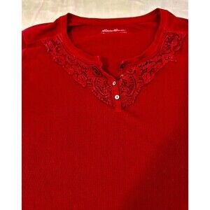Eddie Bauer Women's Red Waffle Knit Thermal Henley Button V Neck With Lace Trim